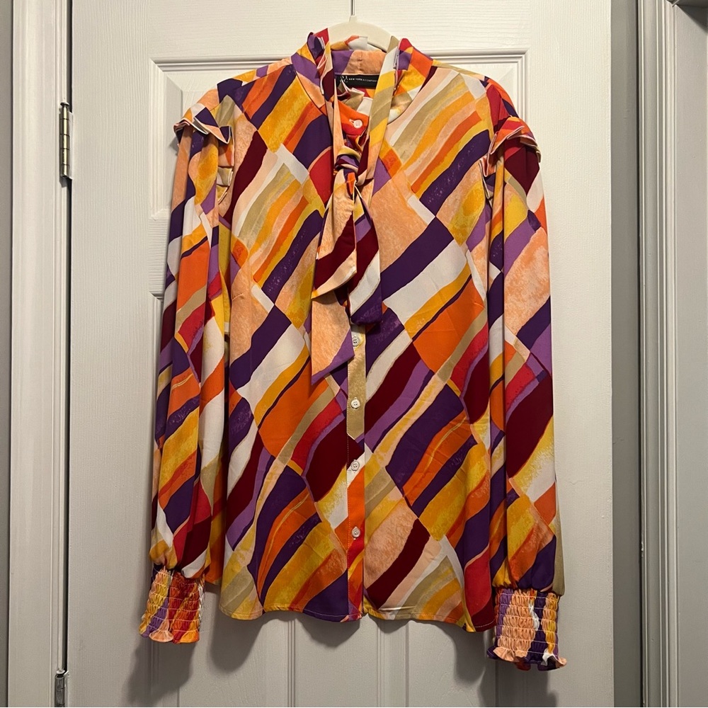 NY&Co Patterned Tie Neck Blouse XL